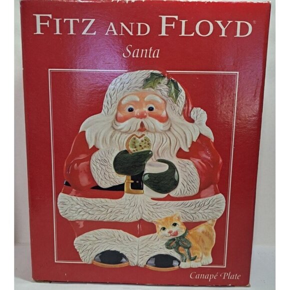 Fitz and Floyd 2004 Santa Canape Plate New in Box Cookie Cocoa Kitten - Picture 1 of 5